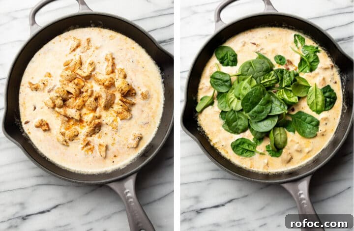 Creamy Tuscan Chicken Pasta: Garlic Parmesan Skillet Recipe 6 adding the chicken, spinach, and basil to the skillet for tuscan chicken pasta