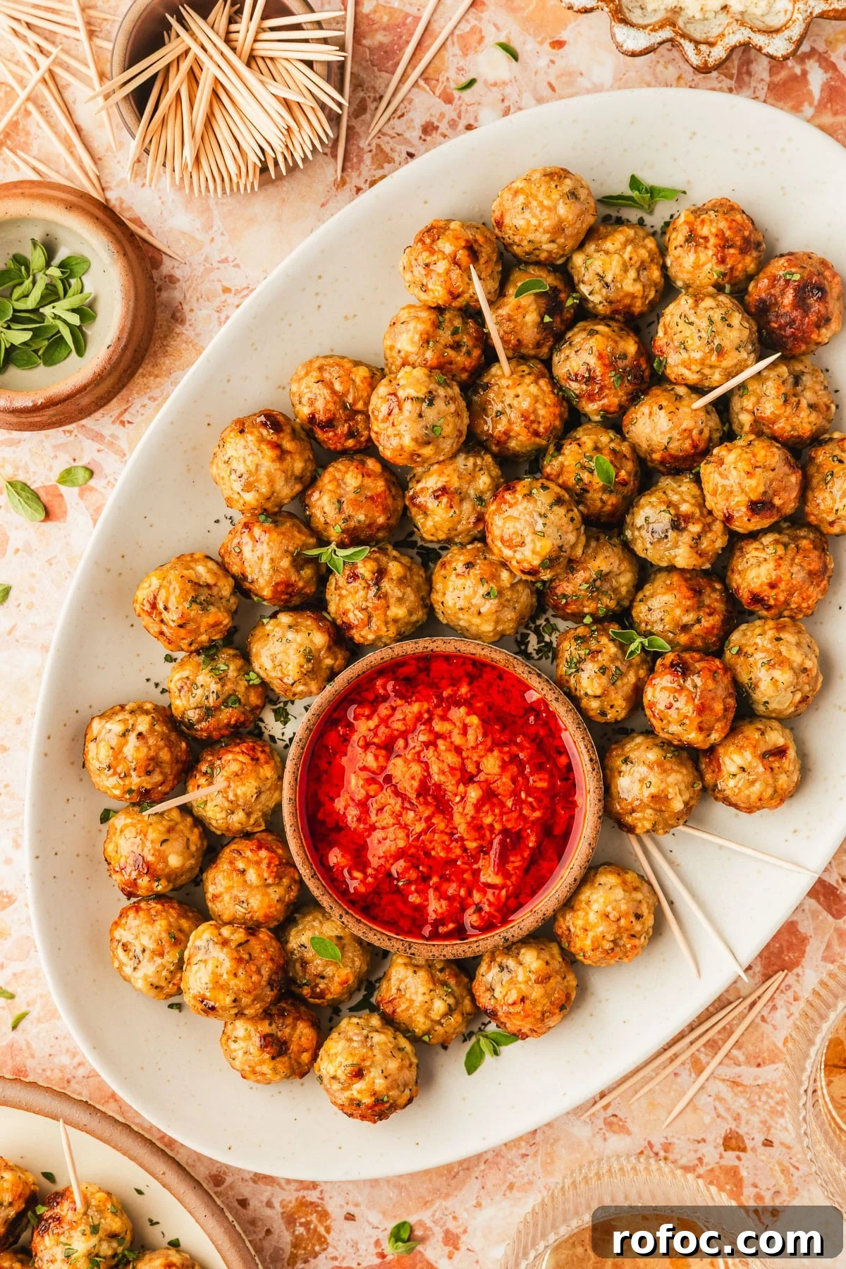 Crispy Air Fryer Chicken Meatballs Recipe 2 A white platter of air fryer chicken meatballs with a bowl of red sauce next to glasses of wine, a stoneware plate of meatballs, and brown bowls of oregano and toothpicks on an orange stone counter.