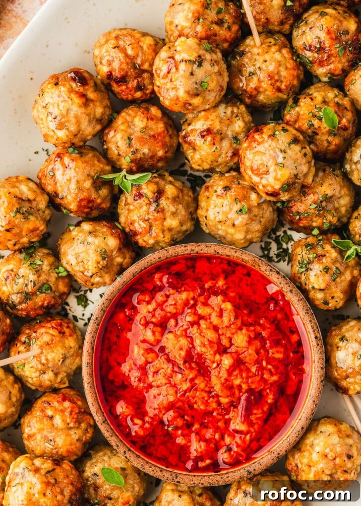 Crispy Air Fryer Chicken Meatballs Recipe 9 A tray of air fryer chicken meatballs and a brown bowl of red sauce.