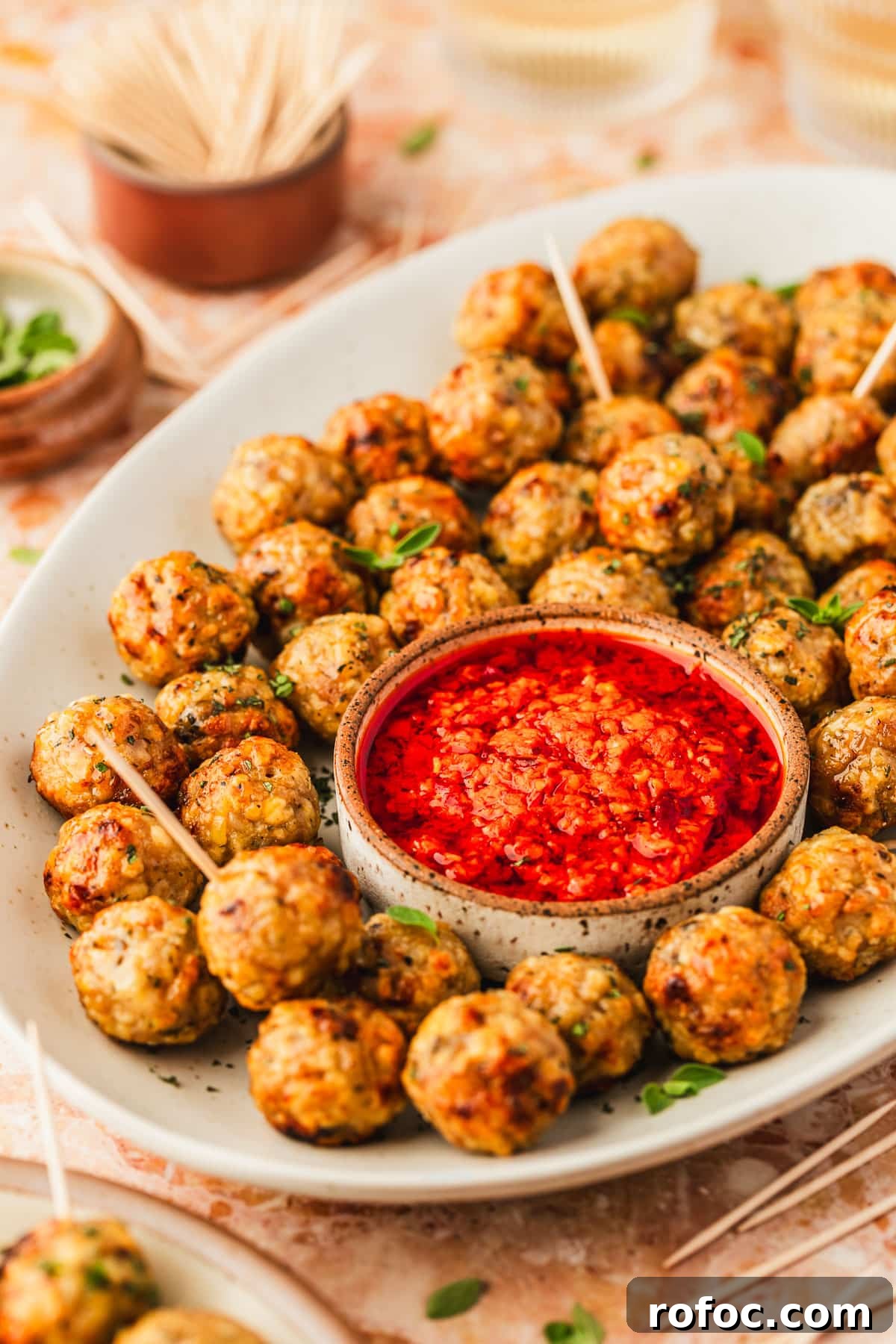 Crispy Air Fryer Chicken Meatballs Recipe 10 A white plate of air fryer chicken meatballs and a white bowl of red sauce next to glasses of wine, a brown plate of meatballs, and brown bowls of oregano and toothpicks on an orange marble counter.