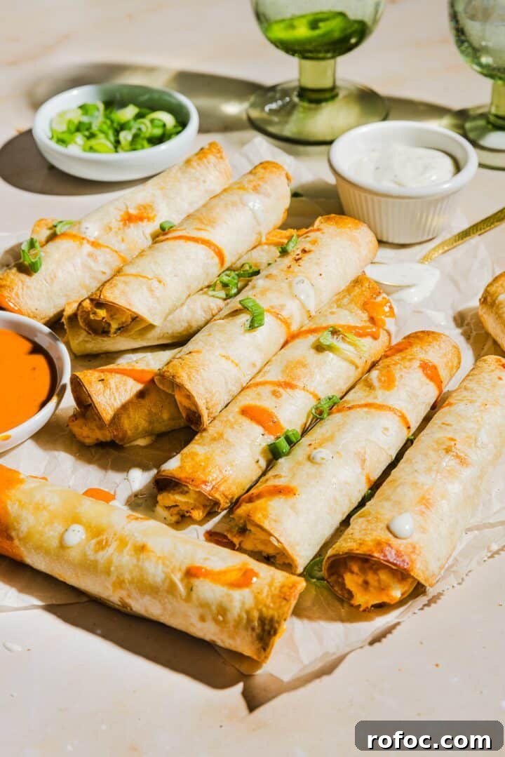 Spicy Buffalo Chicken Taquitos Recipe for Game Day Snacks 3 Buffalo chicken taquitos on a plate, drizzled with buffalo sauce and ranch