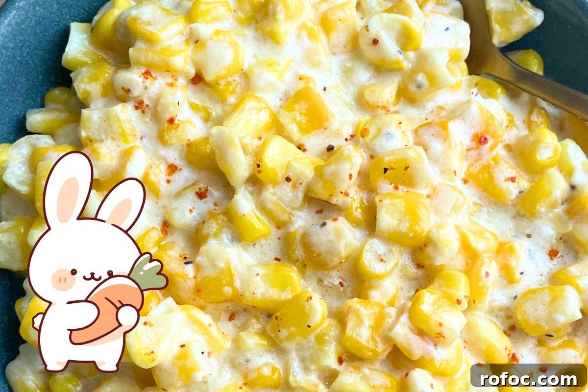 12 Delicious Easter Crockpot Recipes for a Stress-Free Holiday 14 A close-up of a creamy corn dish featuring yellow corn kernels, with a cartoon bunny holding a carrot in the corner.