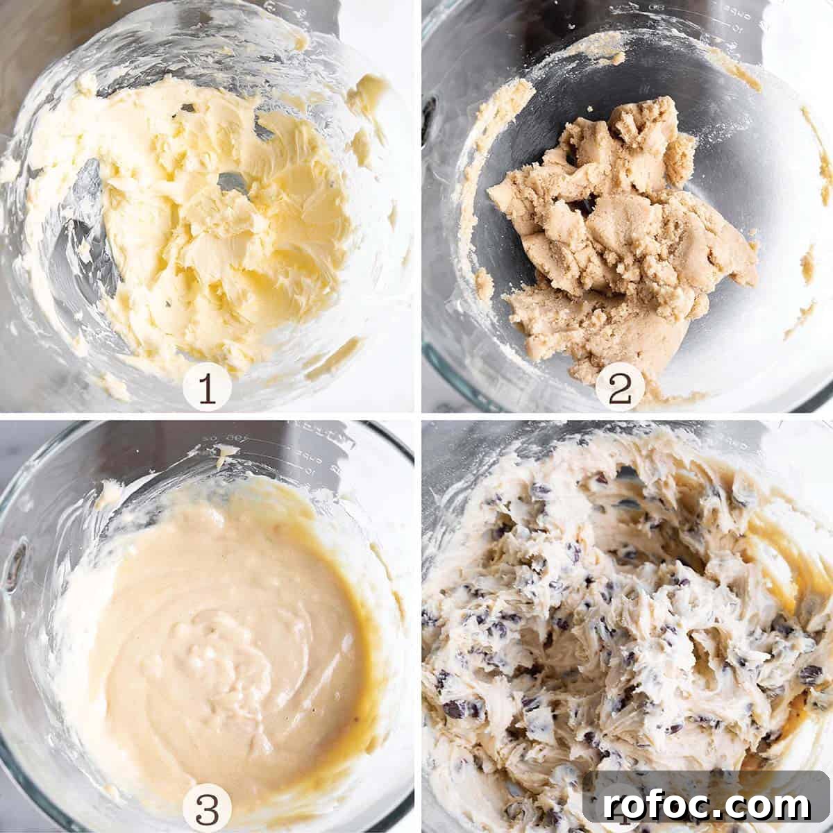 Four process images to make cookie dough.