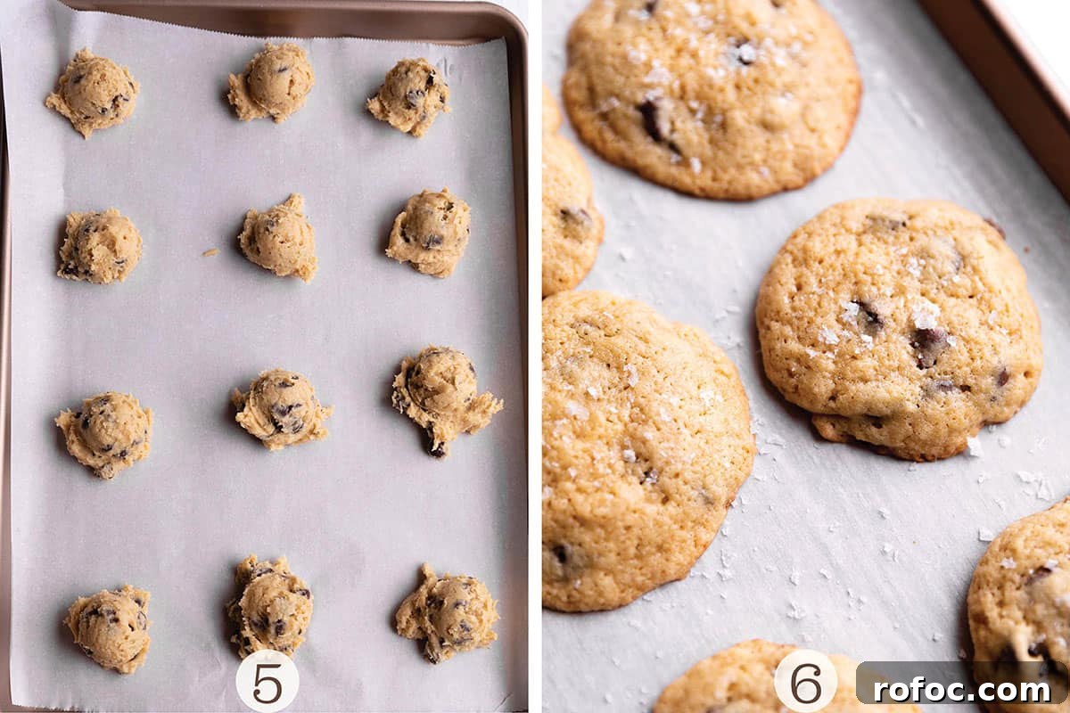 Cookies on a baking sheet before and after baking.