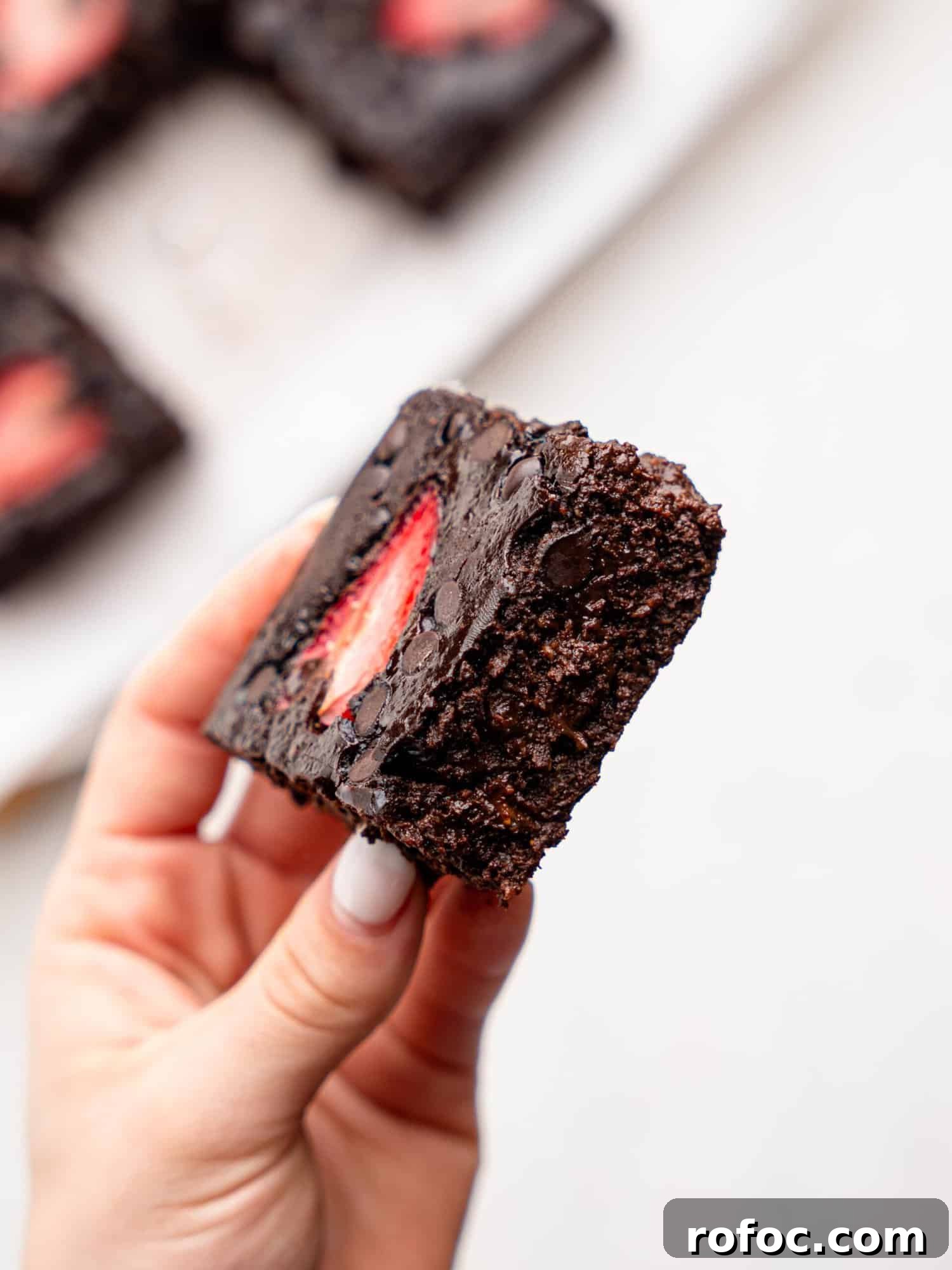 One‑Bowl Strawberry Brownies — Moist, Guilt‑Free Recipe 5 A hand holding a brownie with strawberries.