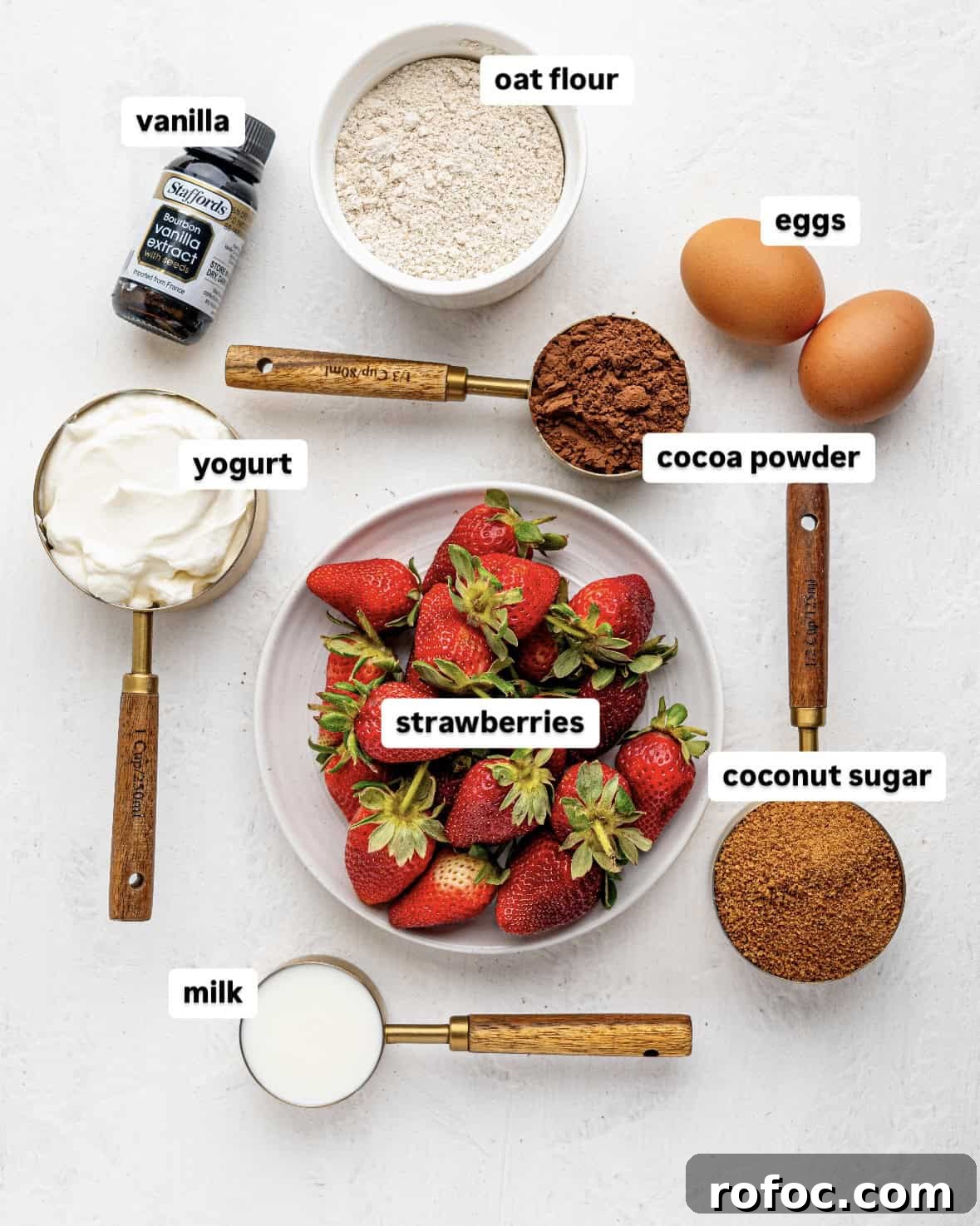 One‑Bowl Strawberry Brownies — Moist, Guilt‑Free Recipe 6 Strawberry Brownies ingredients in measuring cups.