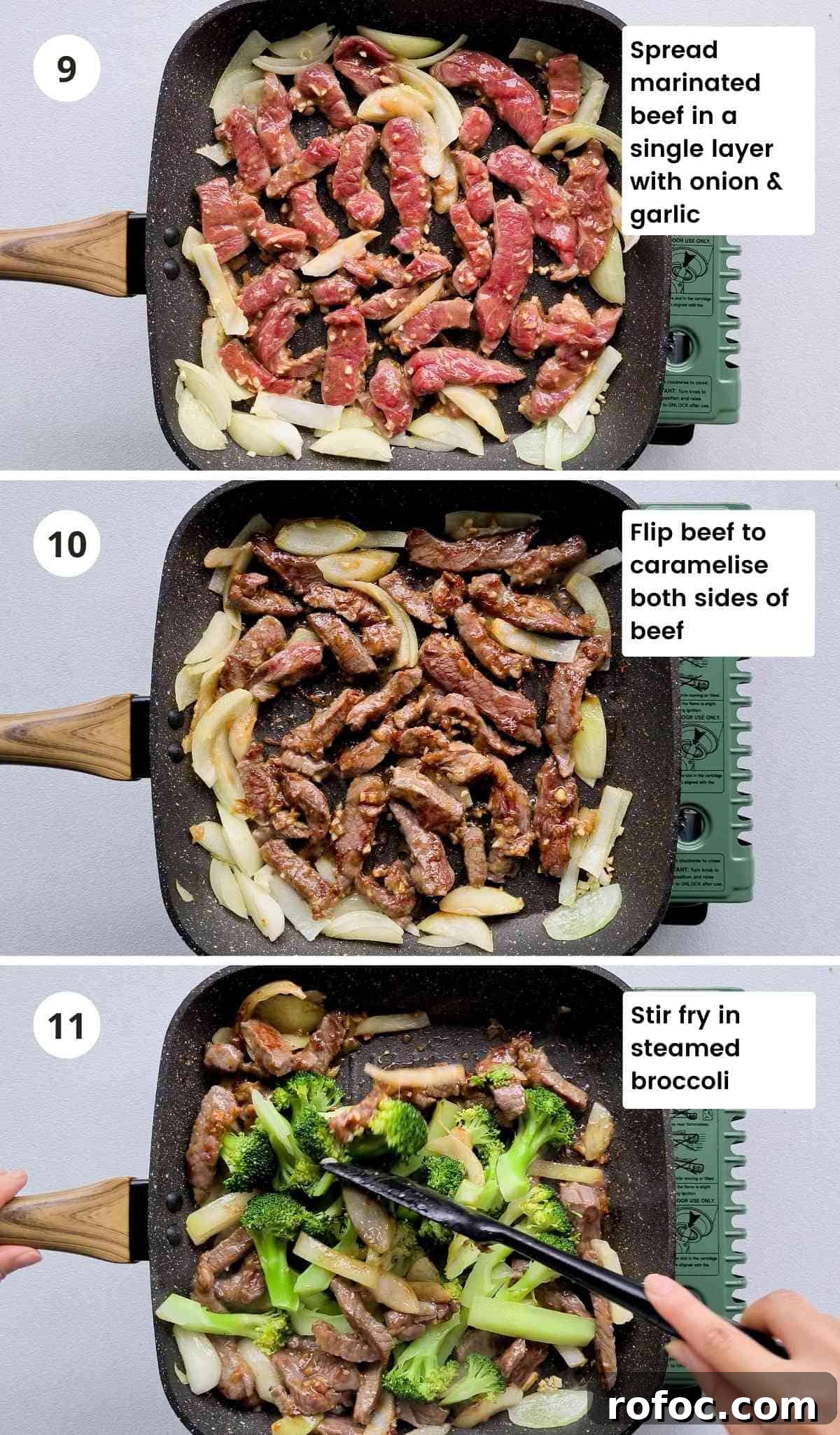 Beef and Broccoli Stir-Fry Noodles Recipe 9 3 step collage of cooking beef strips in a large frying pan with captions