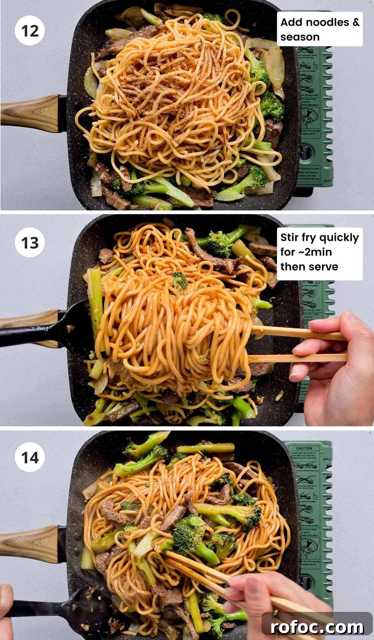 Beef and Broccoli Stir-Fry Noodles Recipe 10 3 step collage of tossing ad stir frying noodles with captions