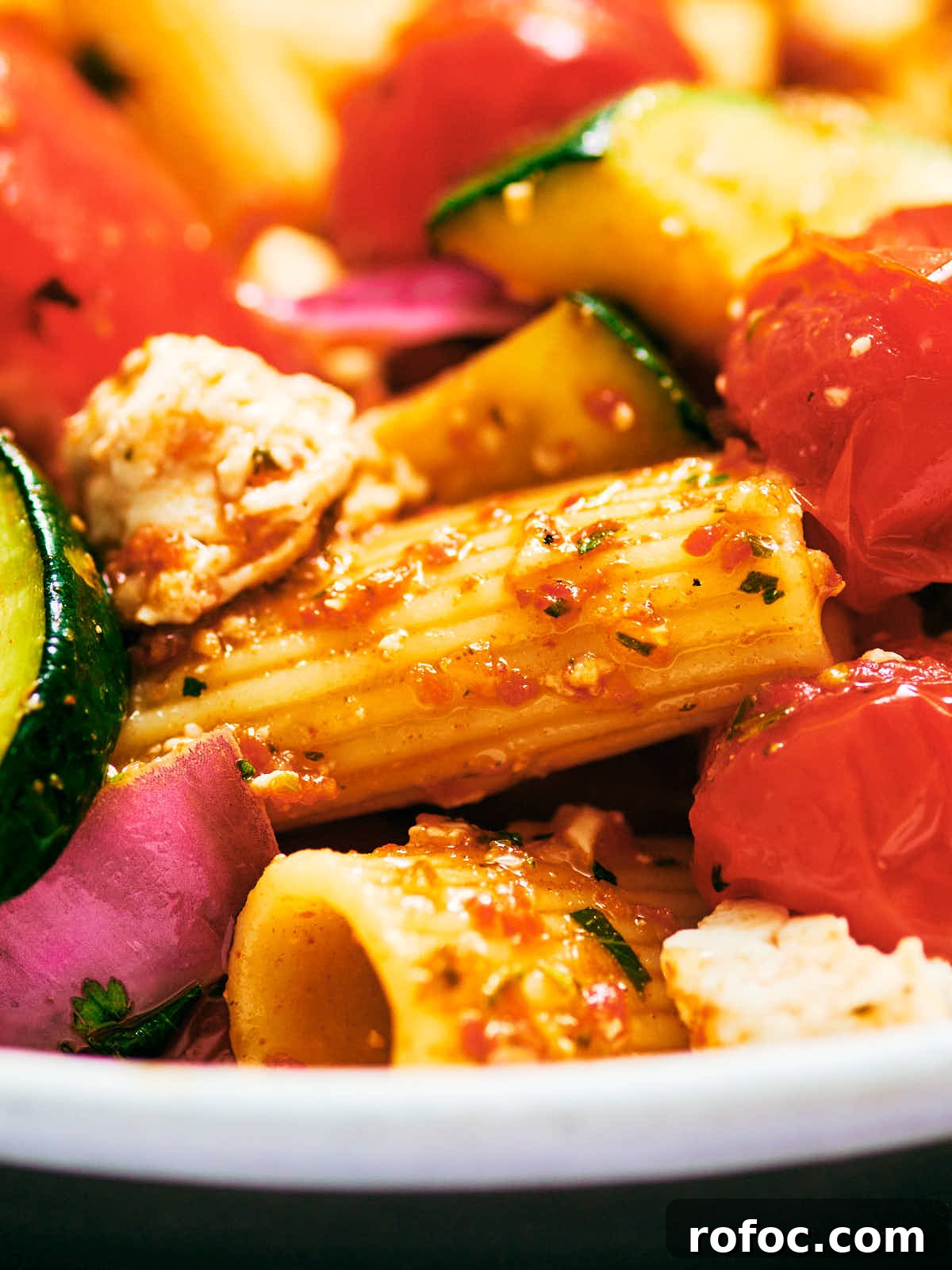 Red Chimichurri Pasta Recipe — Serve Hot or Chilled 14 Vegetarian Red Chimichurri Pasta with feta, zucchini, tomatoes, and red onion.
