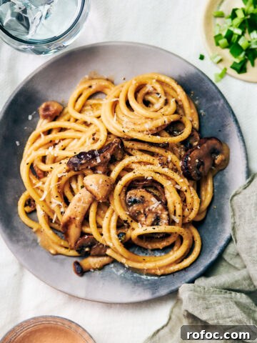 Easy Mushroom Miso Pasta without cream on dinner plate.