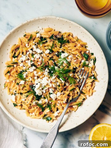 Lemon Spinach Orzo in a bowl topped with feta and dill.
