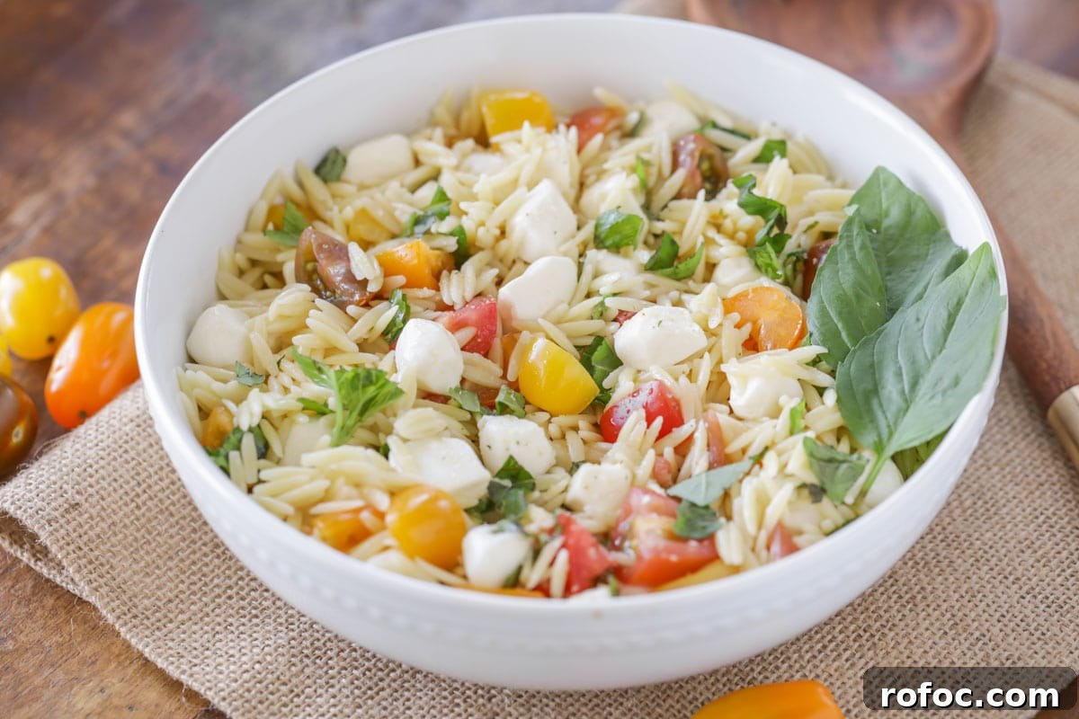 Fresh mozzarella pasta salad served in a white bowl. Fresh mozzarella pasta salad served in a white bowl.