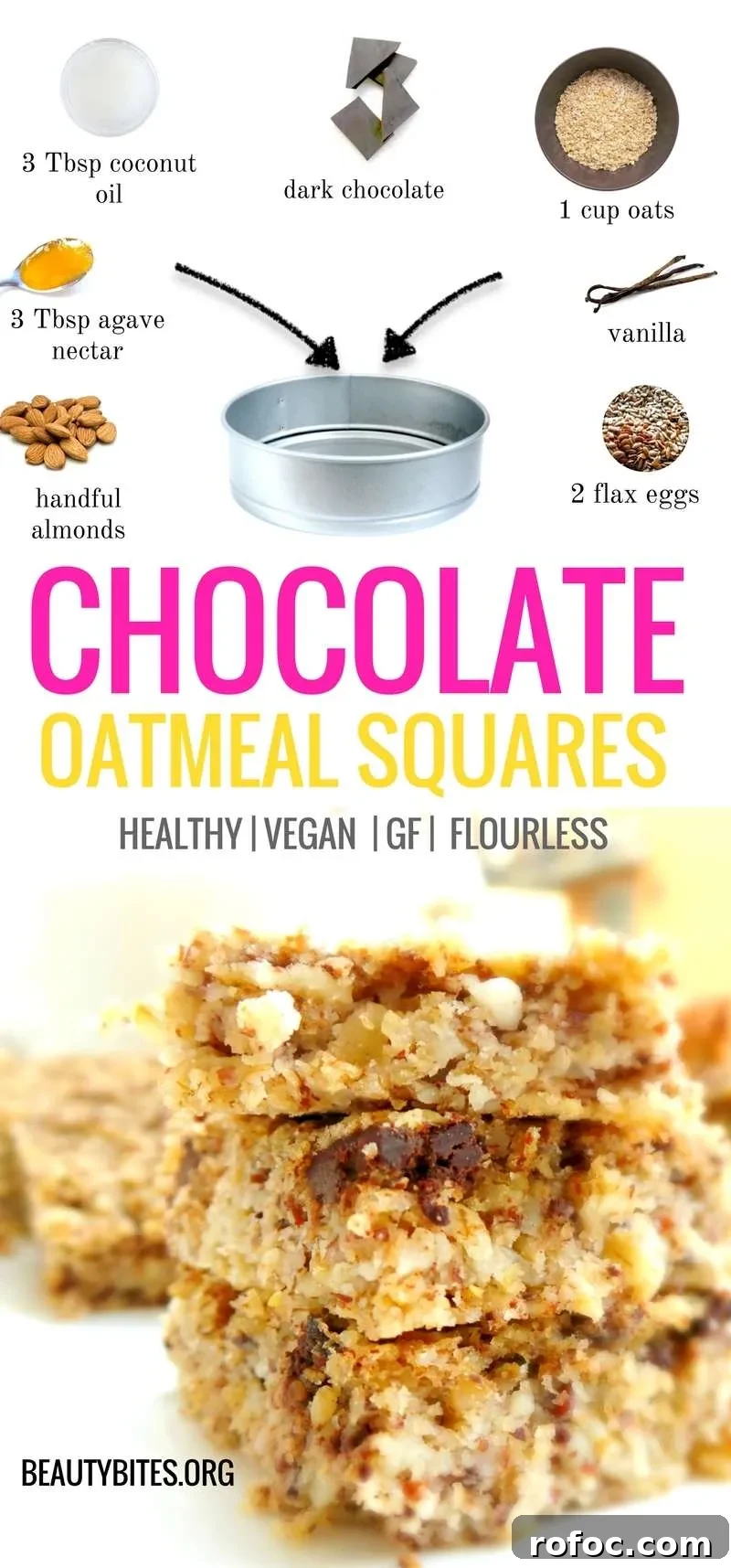 Vegan Flourless Oat Cakes with Natural Ingredients 6 Flourless, healthy & vegan chocolate oatmeal bake! This is a great healthy breakfast recipe that is also great for meal prep as it keeps for up to 3 days. This easy breakfast recipe is vegan, gluten-free, dairy-free and high-fiber #easyrecipe #mealprep