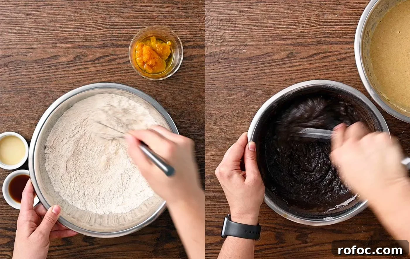 Vegan Pumpkin Chocolate Marble Cake with Silky Ganache 3 image collage of white person prepping two different cake batters