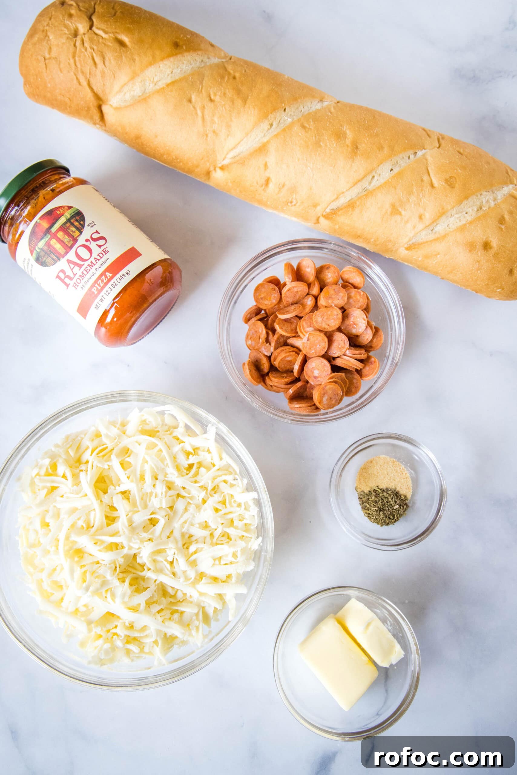 Ingredients for French bread pizza French bread pizza ingredients.
