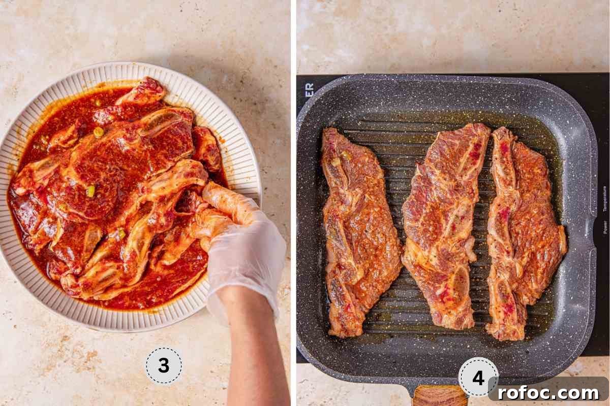 How to Cook Flanken-Style Beef Short Ribs: Recipe & Tips 5 Pouring the marinade over the beef short ribs, then searing on cast iron skillet.