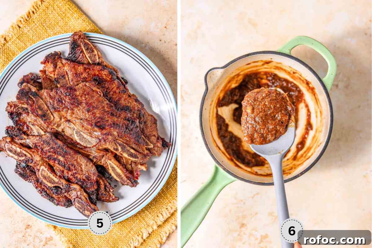 How to Cook Flanken-Style Beef Short Ribs: Recipe & Tips 6 Seared ribs on a wide plate and gently simmered sauce.