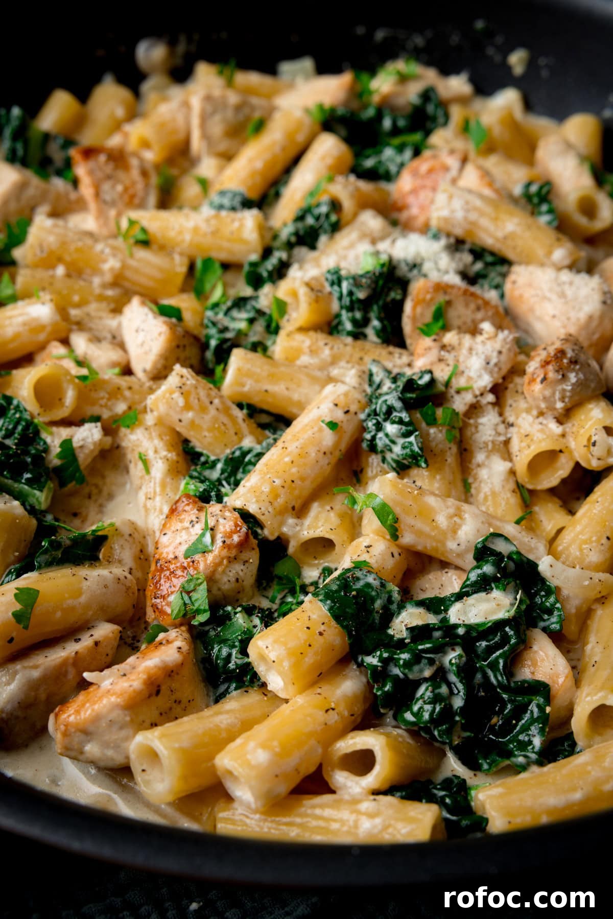 One-Pot Chicken Rigatoni Alfredo Recipe for Creamy Weeknight Meals 2 A close up picture of Rigatoni alfredo with chicken, kale, and a creamy sauce, topped with grated cheese and chopped parsley in a black pan.