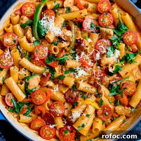 One-Pot Chicken Rigatoni Alfredo Recipe for Creamy Weeknight Meals 12 Rigatoni pasta with cherry tomatoes and Cajun chicken
