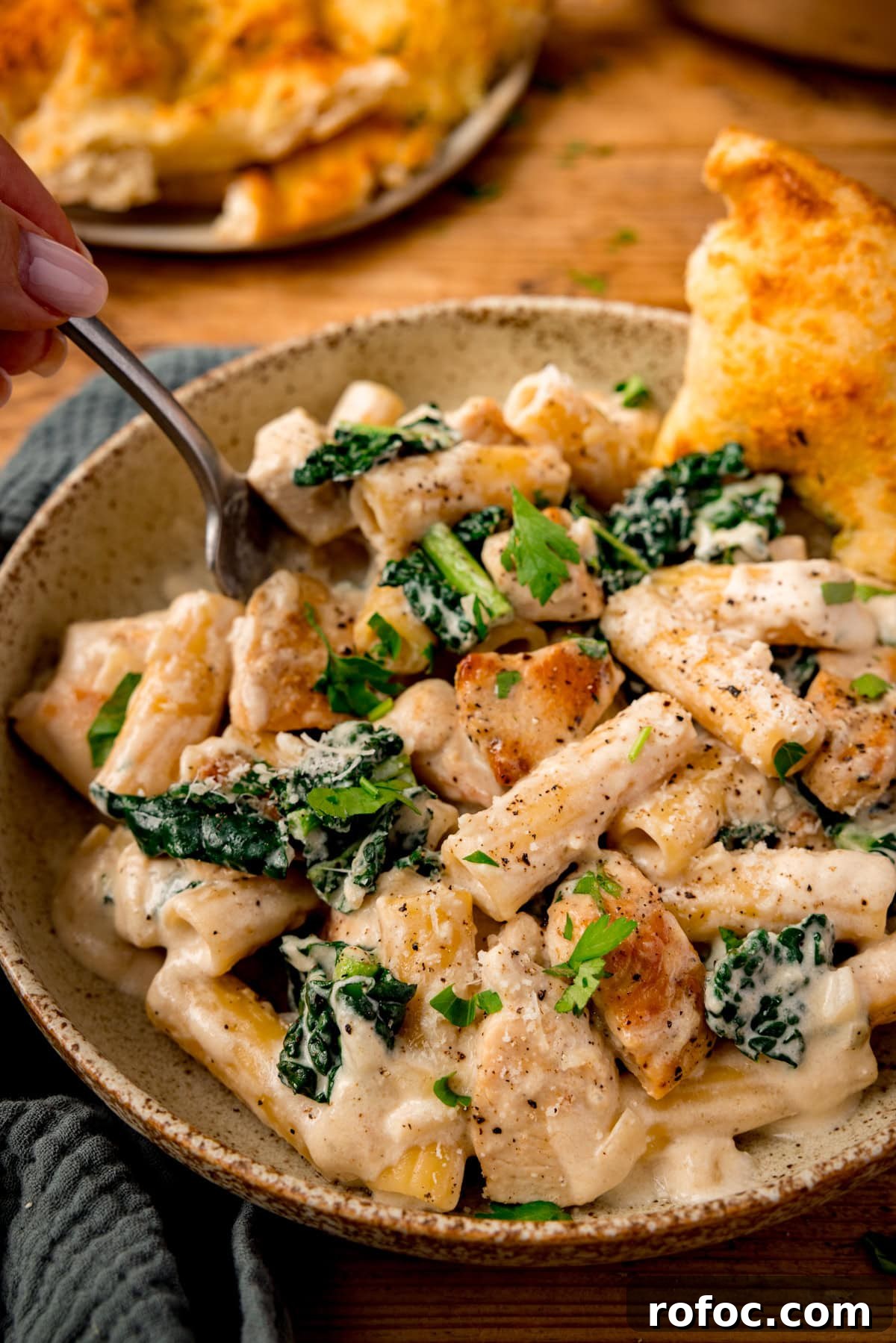 One-Pot Chicken Rigatoni Alfredo Recipe for Creamy Weeknight Meals 6 Bowl of creamy chicken rigatoni alfredo pasta with kale, garnished with parsley and served with a slice of garlic bread.