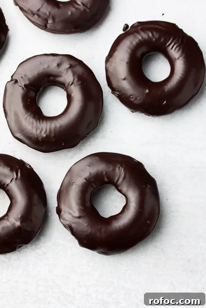 Decadent Vegan Chocolate Donuts Recipe for Perfect Results 3 looking down on several chocolate donuts on grey background