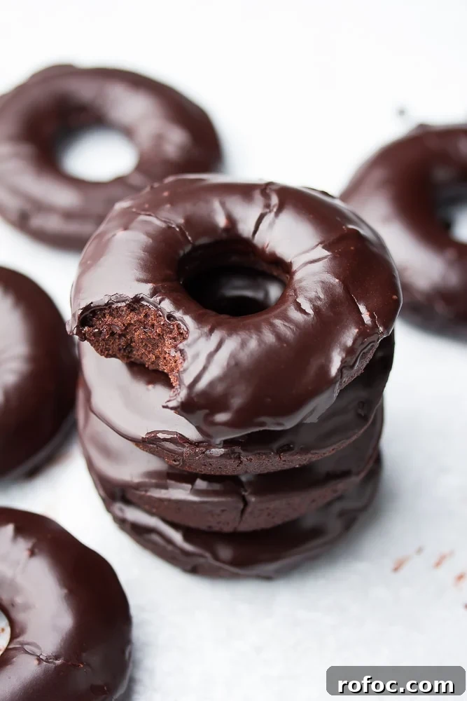Decadent Vegan Chocolate Donuts Recipe for Perfect Results 4 stack of 3 chocolate donuts with a bite taken out of the top one