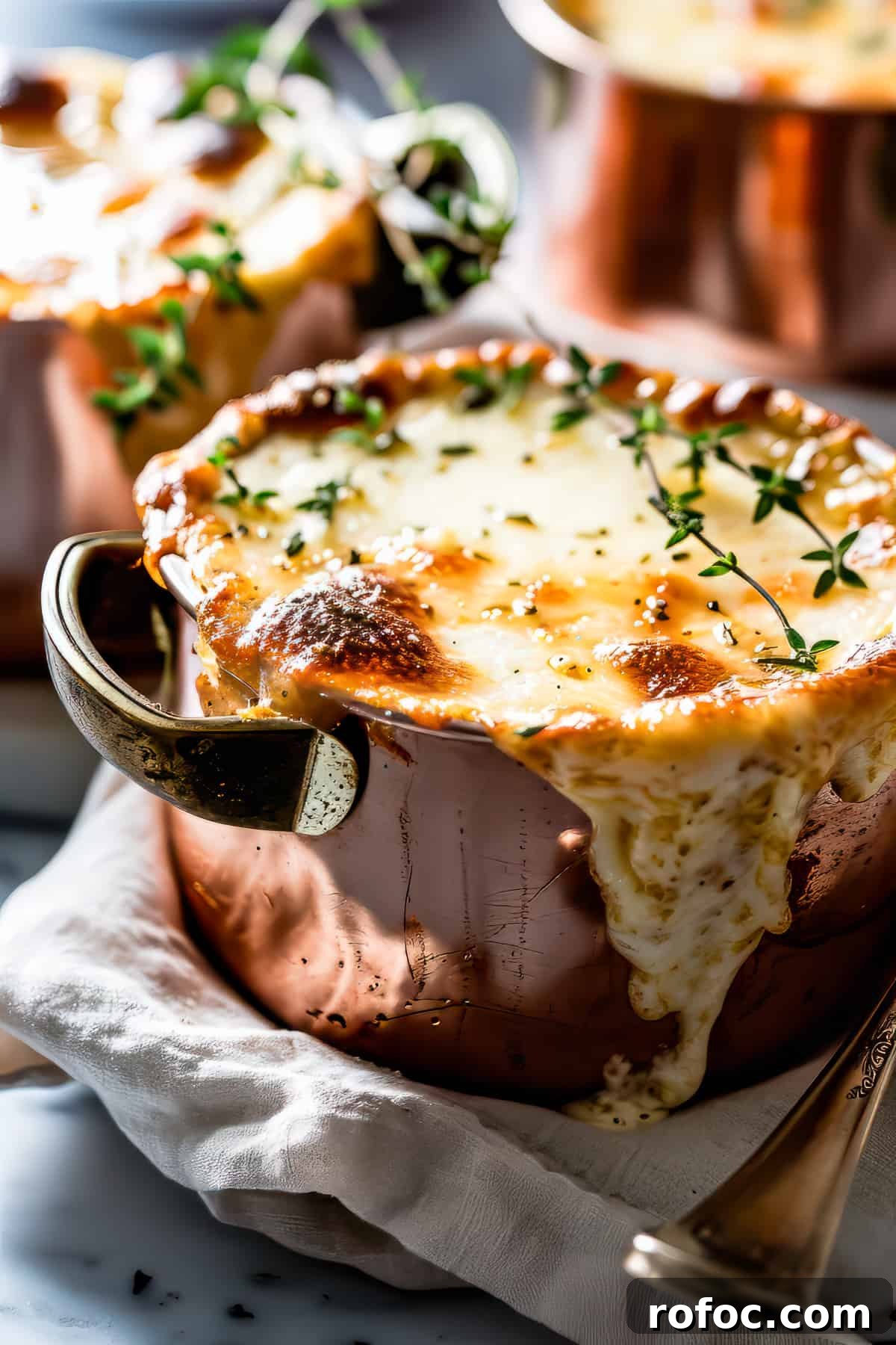 Classic French Onion Soup Recipe with Rich Caramelized Onions 2 Easy french onion soup with melted cheese and fresh thyme leaves in soup bowls.