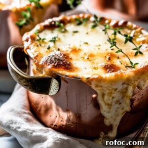 Easy french onion soup with melted cheese and fresh thyme leaves in soup bowls.
