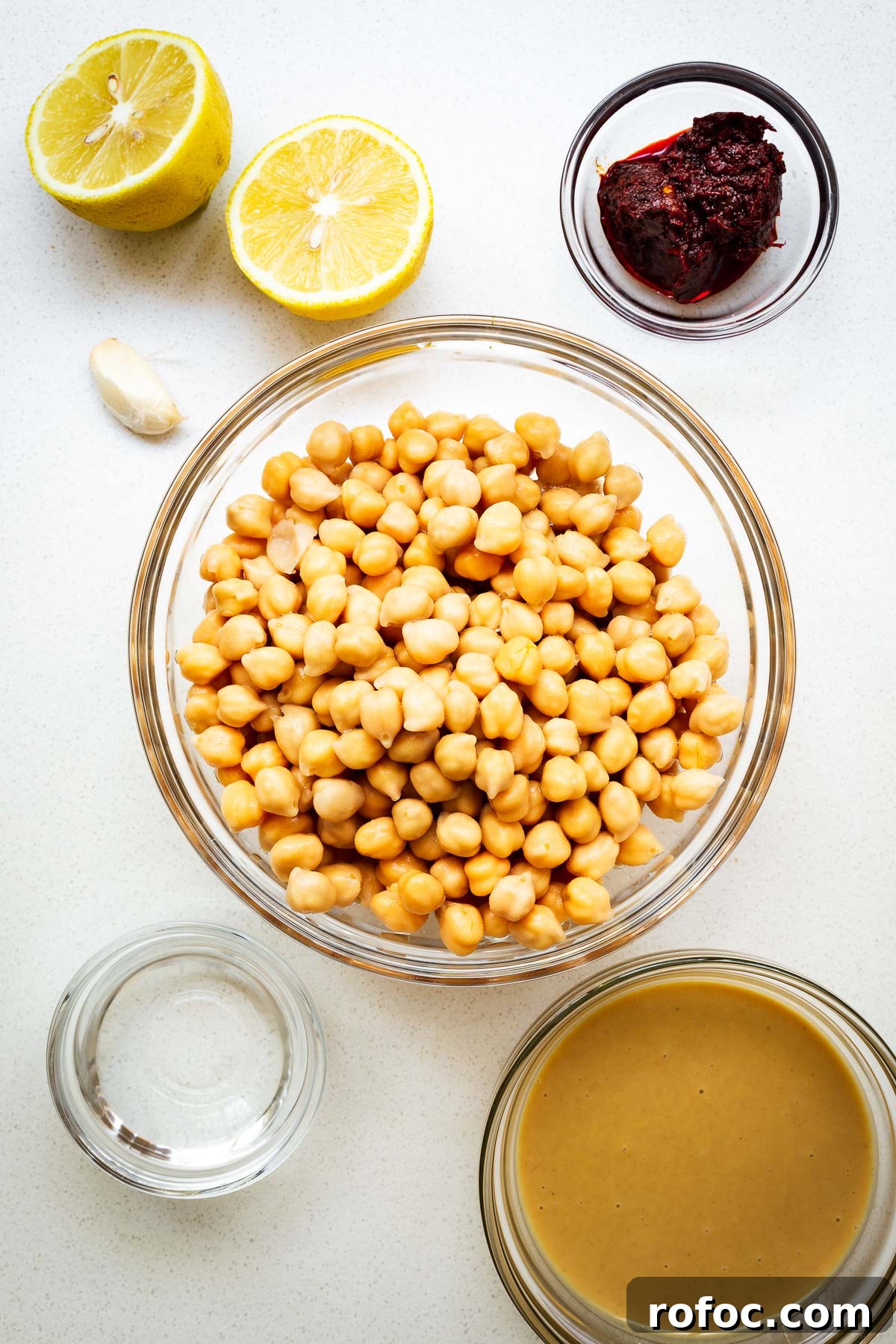 Spicy Harissa Hummus Recipe: Creamy Homemade Dip in Minutes 3 Spicy harissa hummus ingredients viewed from above.