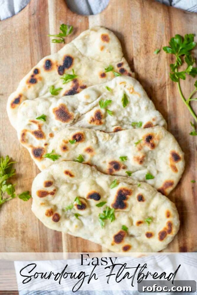 Sourdough Flatbread Recipe Using Active Starter or Discard (No Yeast) 2 overhead photos of 4 sourdough flatbread on a wooden cutting board with parsley sprinkled around