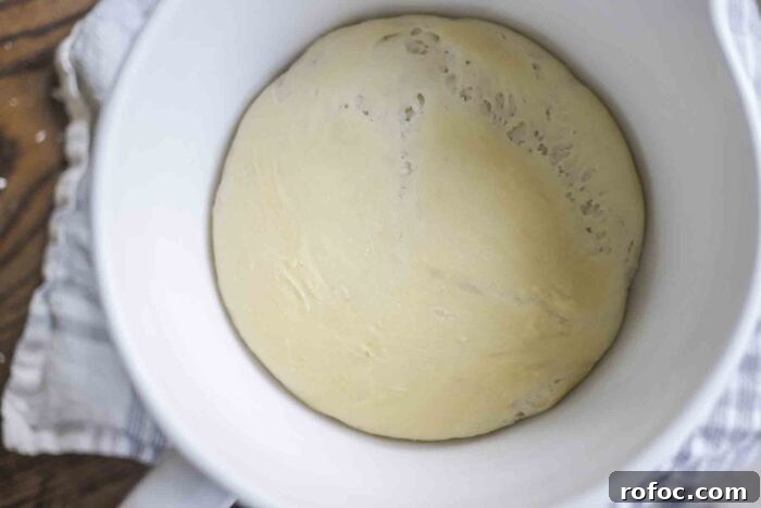 Sourdough Flatbread Recipe Using Active Starter or Discard (No Yeast) 9 sourdough flatbread dough that has fermented overnight in a white ceramic stand mixer bowl on a white and blue stripped towel