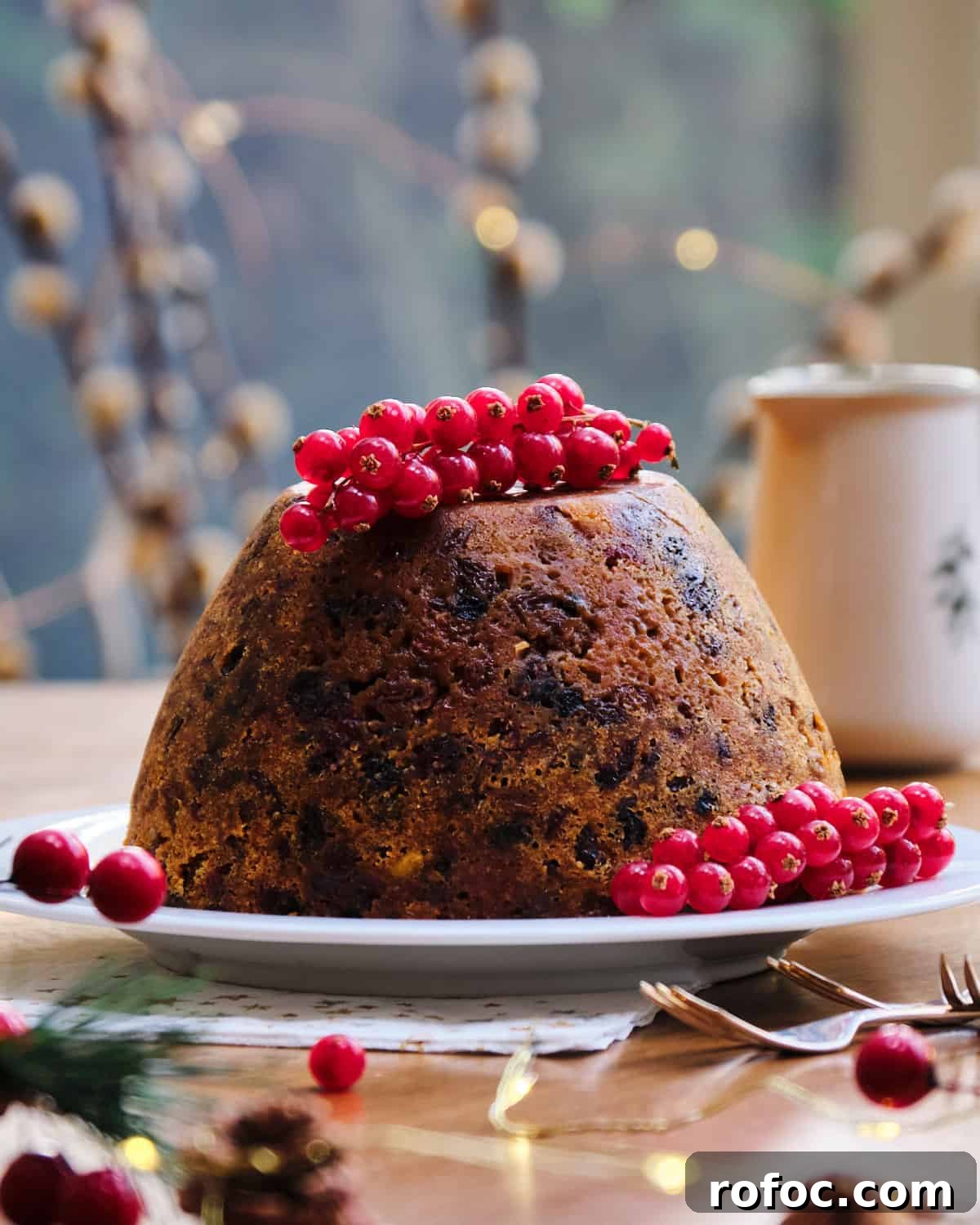 Photo of a christmas pudding on a plate decorated with redcurrants, set on a christmassy table with fairy lights in the background.