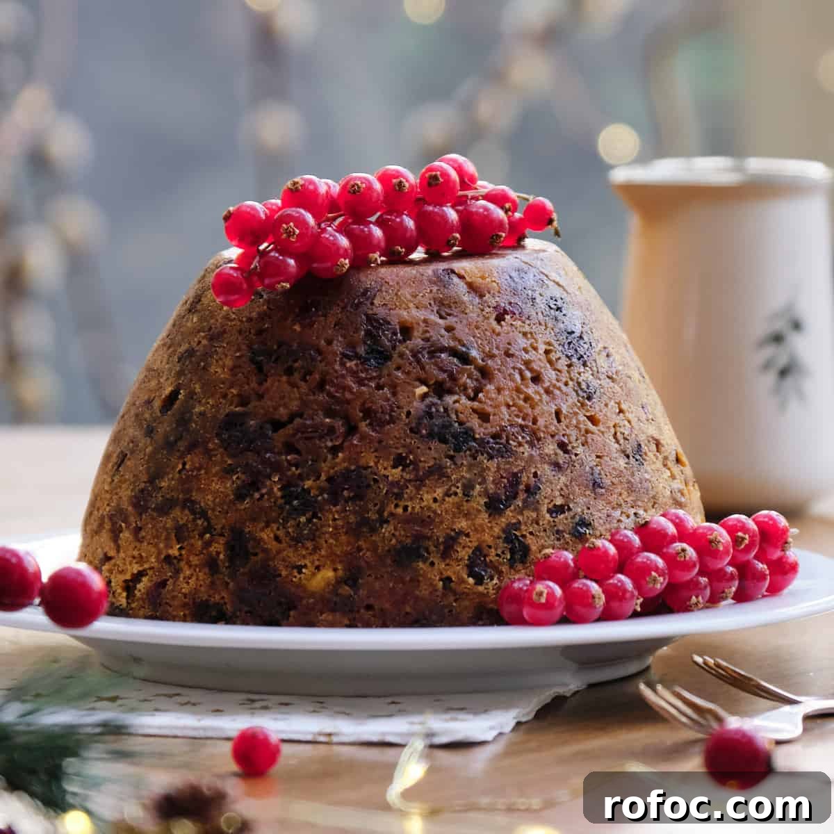 Square photo of a christmas pudding on a plate decorated with redcurrants, set on a christmassy table with fairy lights in the background.