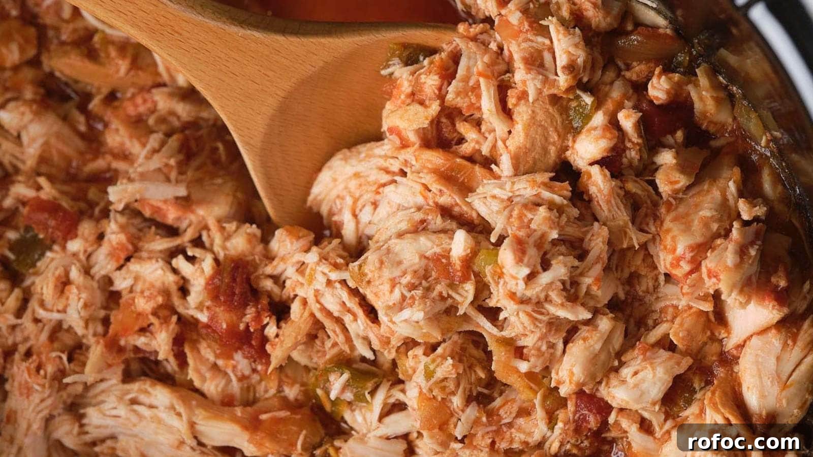 15 Low-Carb Recipes That Taste Like You Spent Hours 2 Close-up of shredded chicken mixed with salsa, being stirred with a wooden spoon.