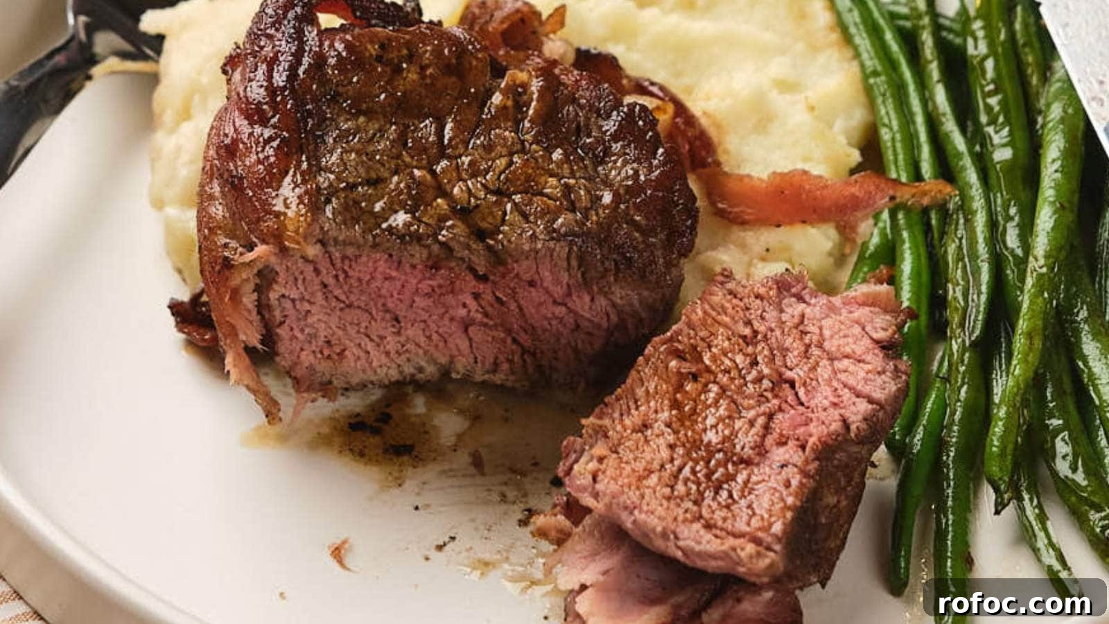 15 Low-Carb Recipes That Taste Like You Spent Hours 12 A plate with bacon wrapped beef tenderloin and green beans.