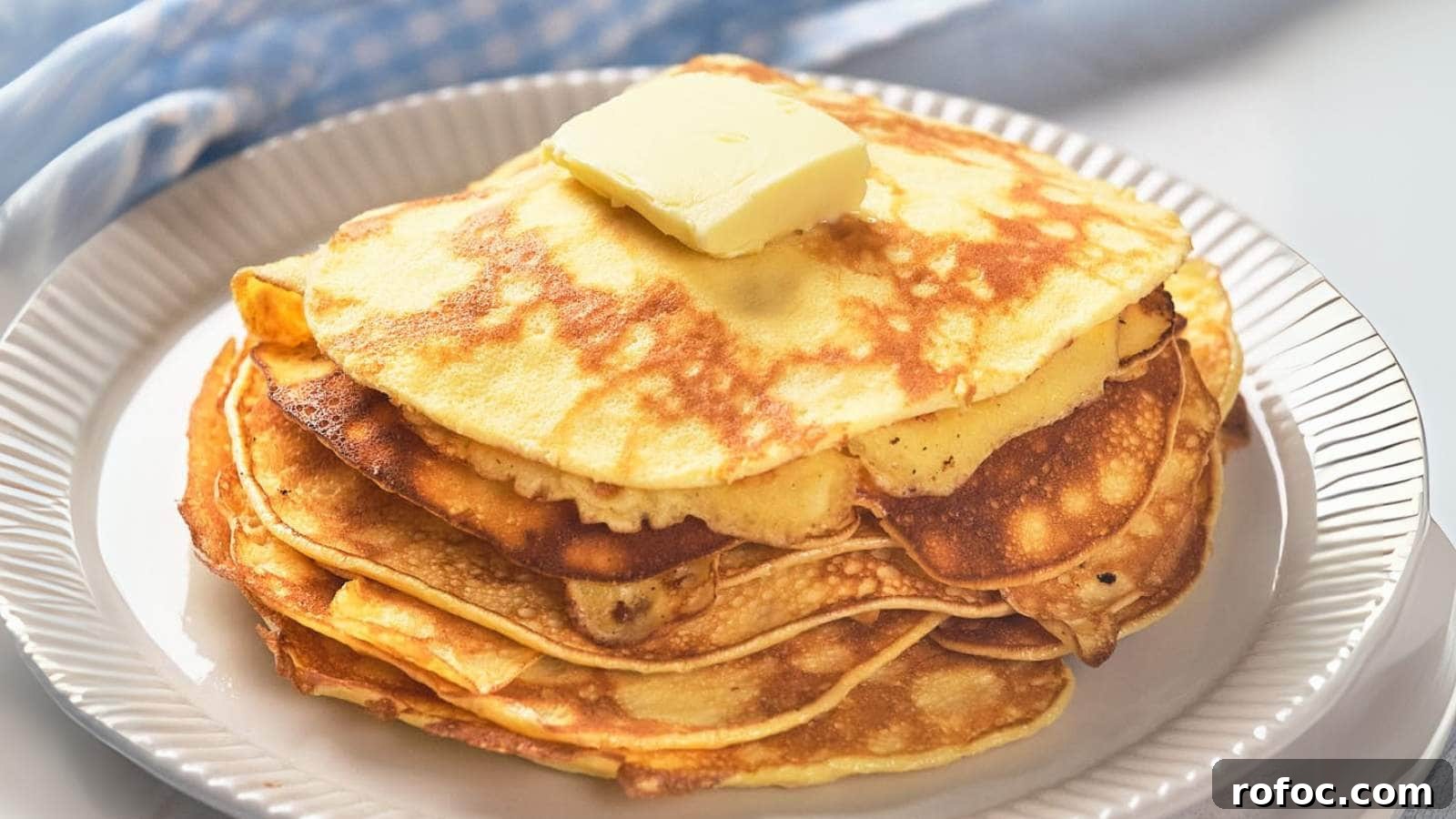 15 Low-Carb Recipes That Taste Like You Spent Hours 3 A stack of golden pancakes topped with a square of butter on a white plate.