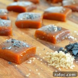 Pumpkin Spice Caramels Recipe — Soft, Chewy Fall Candy 2 Pumpkin Spice Caramel Squares with Sea Salt