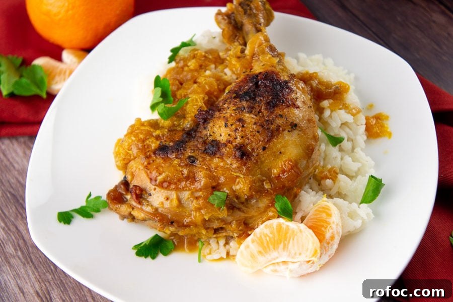 Orange-Chicken Braise with Herb Citrus Sauce 2 braised chicken with orange sauce on a white plate over rice with chopped parsley