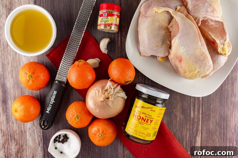 Orange-Chicken Braise with Herb Citrus Sauce 3 a plate of chicken beside a jar of honey, several mandarins, a cup of chicken broth, salt and pepper, onion, garlic, and ground ginger
