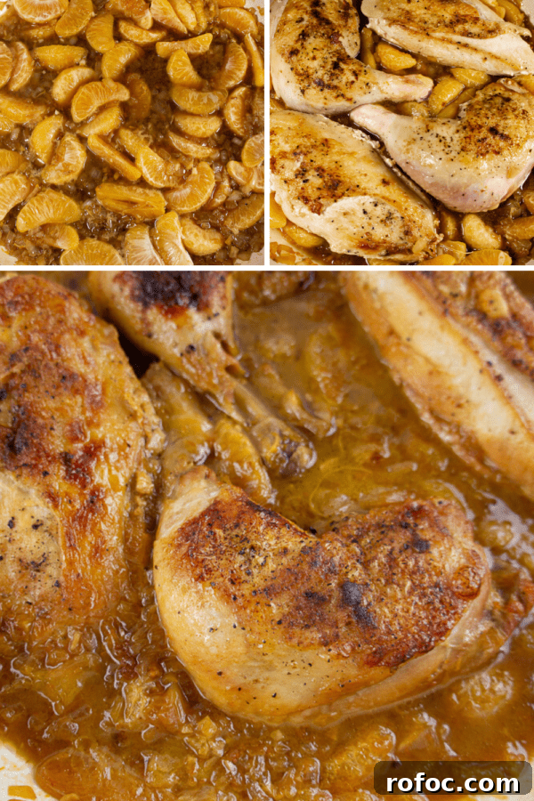 Orange-Chicken Braise with Herb Citrus Sauce 4 a pot of mandarin slices, a pot of slices with seared raw chicken, then a pot of cooked chicken