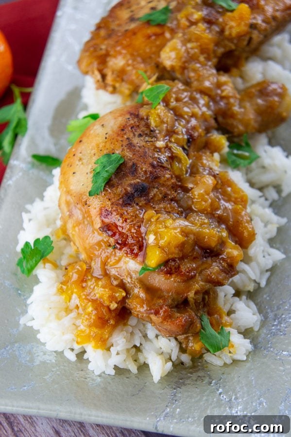 Orange-Chicken Braise with Herb Citrus Sauce 5 a platter of white rice topped with braised chicken thighs and an orange sauce with chopped parsley