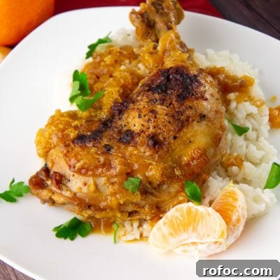 Orange-Chicken Braise with Herb Citrus Sauce 6 braised chicken with orange sauce on a white plate over rice with chopped parsley