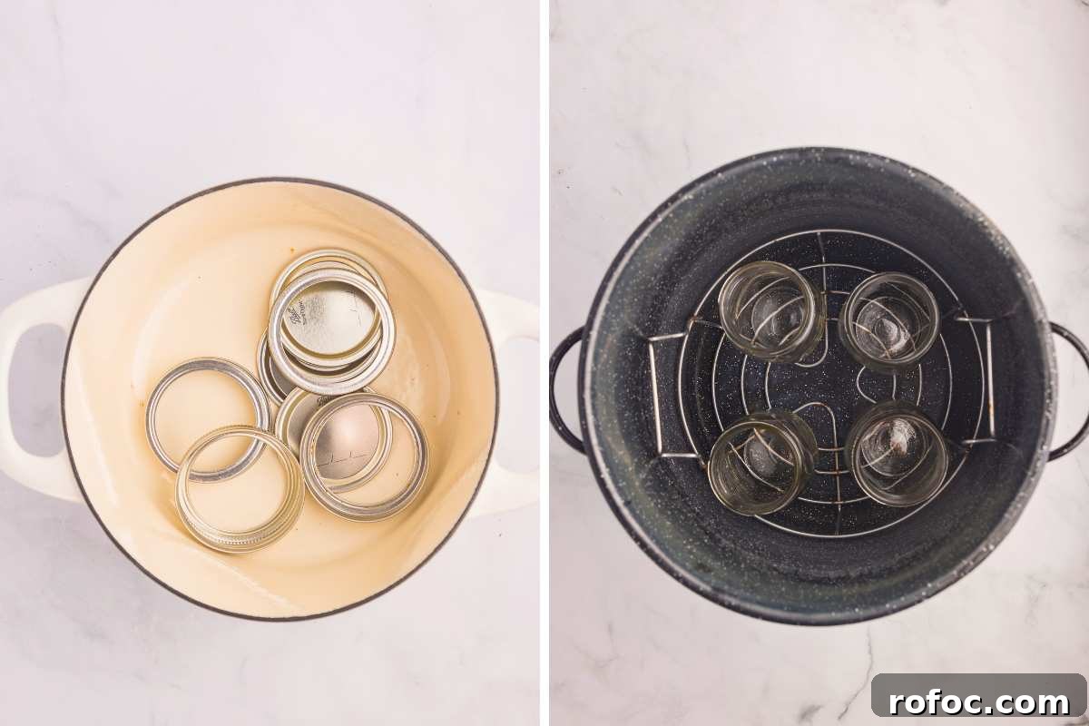 How to Can Homemade Pickled Banana Peppers for Long-Term Storage 4 overhead 2 image collage of lids in pot and jars in canner.