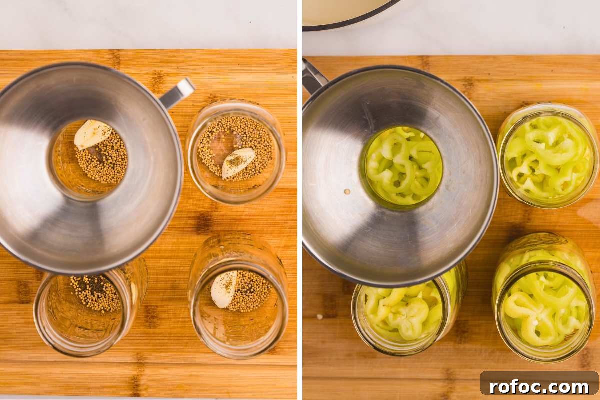 How to Can Homemade Pickled Banana Peppers for Long-Term Storage 6 overhead 2 image collage of jars being filled.