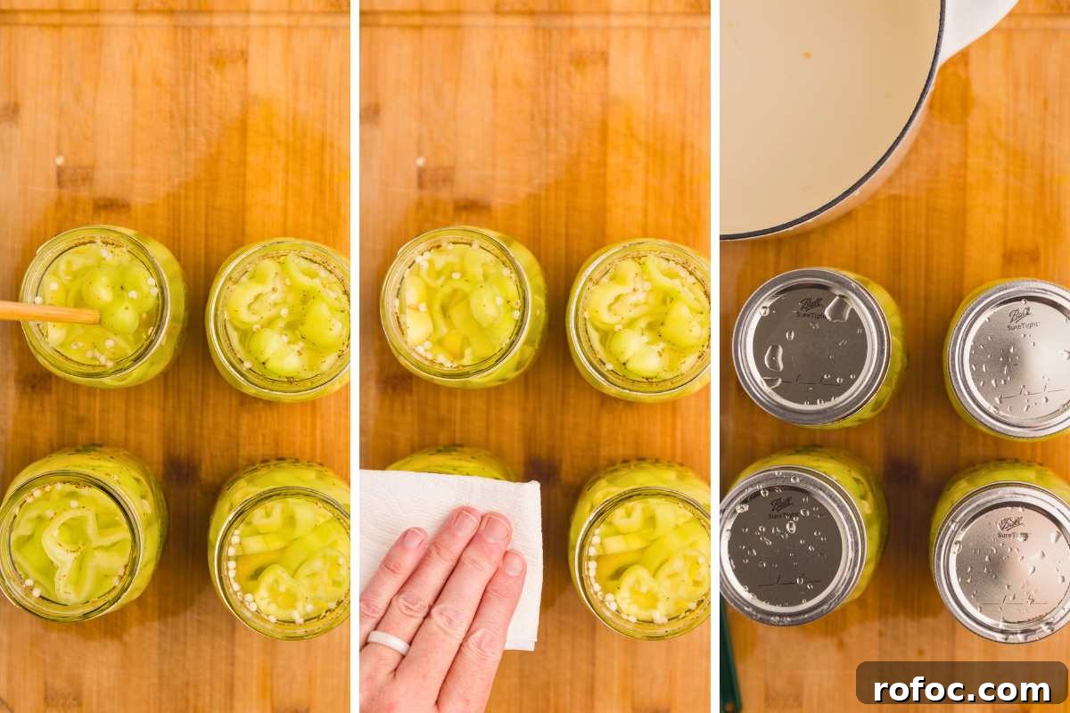 How to Can Homemade Pickled Banana Peppers for Long-Term Storage 7 overhead 3 image collage of jars been debubbled, rims wiped, and lids fastened.