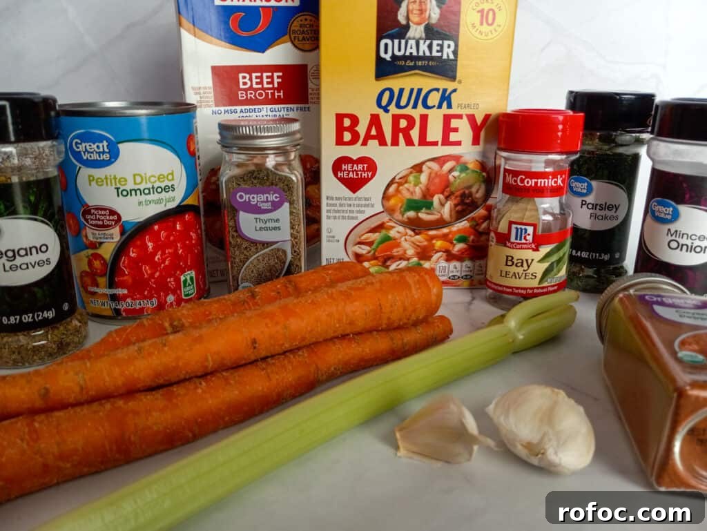 Classic Amish Beef and Barley Soup Recipe for Cozy Meals 2 Ingredients: barley, beef broth, garlic, carrots, celery, diced tomatoes, oregano, thyme, bay leaves, parsley, minced onion, and paprika.