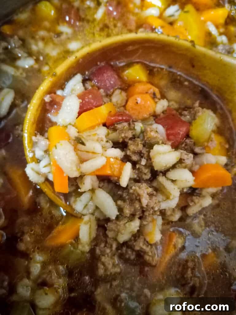 Classic Amish Beef and Barley Soup Recipe for Cozy Meals 5 focused in on a ladle full of ground beef barley soup.