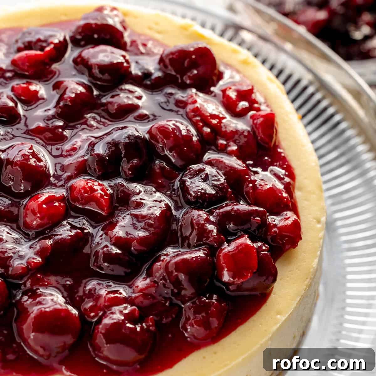 Decadent Cherry Cheesecake Recipe with a Buttery Crust 16 A closeup of a cheesecake with cherry sauce on top.