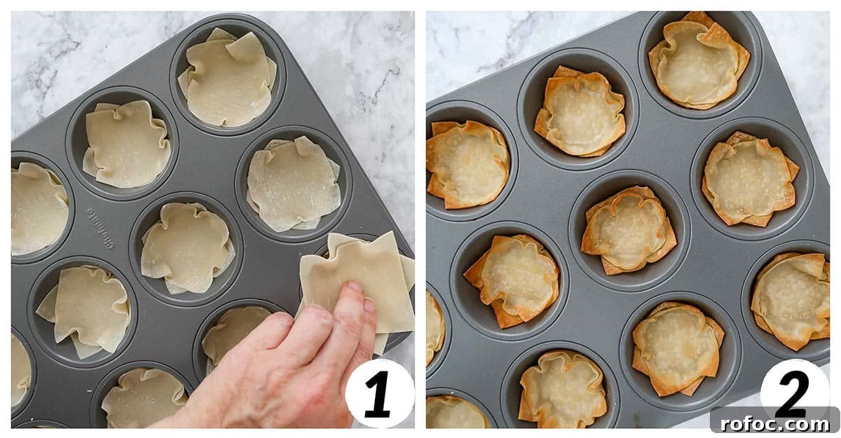 Wonton Cheeseburger Cups: Mini Cheeseburger Bites in Crispy Wrappers 4 Two panel collage of process shots 1-2 - placing wonton wrappers in a cupcake sheet and baking.