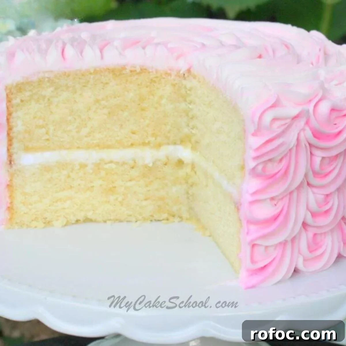 WASC Cake Mix Recipe: Moist White Almond Sour Cream Cake 2 WASC Cake, sliced. Frosted with pink buttercream.